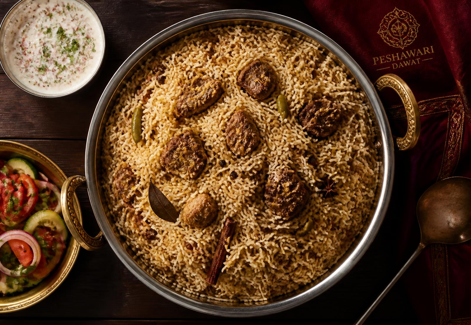Traditional beef pulao degh served with salad and raita at Haji Faqeer Muhammad Pulao Corner